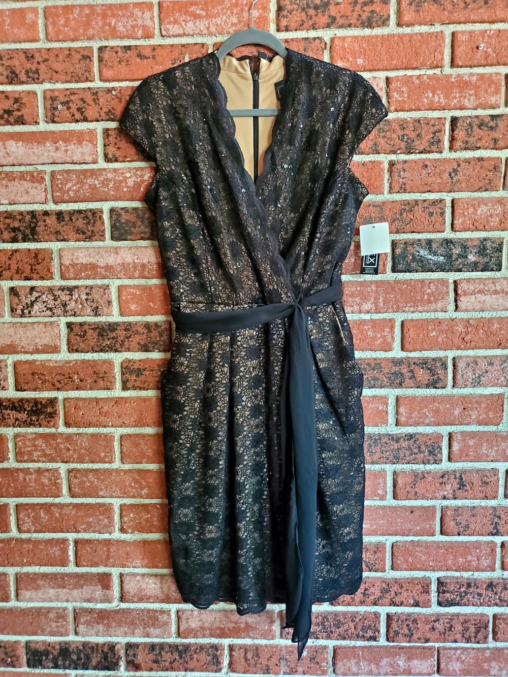 Alex Evenings Black Lace Sequin Midi Faux Wrap Dress with Scalloped V-Neck